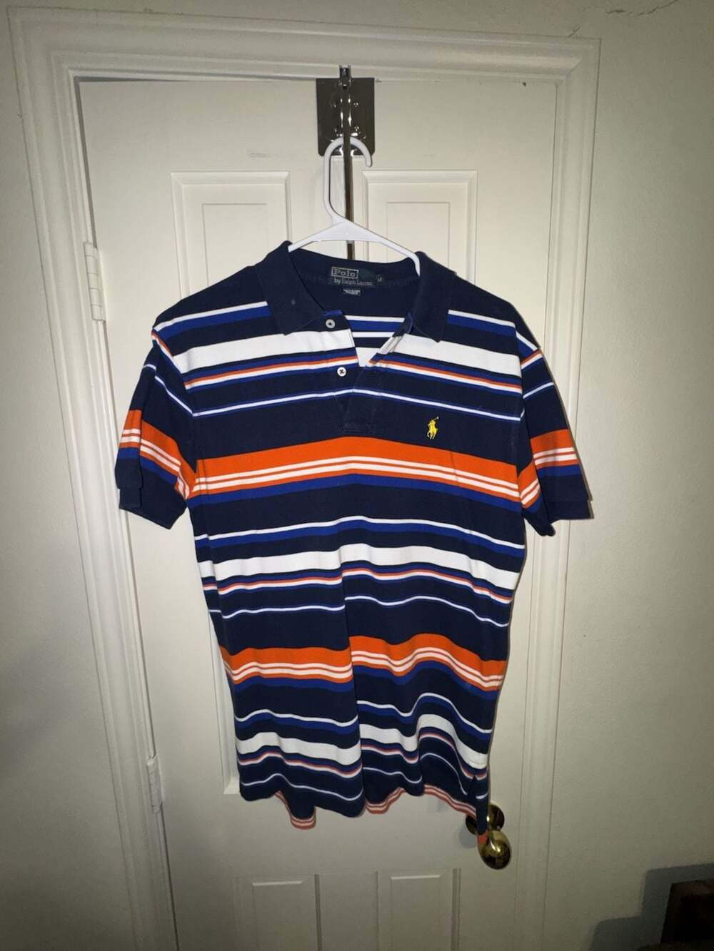 Polo Ralph Lauren Blue Orange White Striped Short Sleeve Polo Shirt Men's Size M